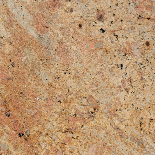Bahama Gold granite tự nhiên vàng cam ấm áp, hạt lớn điểm đen nổi bật. Bền bỉ cho mặt bếp, quầy bar, cầu thang, ốp mặt tiền. Xem tại Vistones.