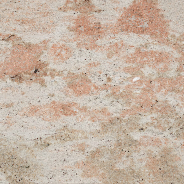 Bahama Pink granite nền kem trắng loang hồng cam đào, chấm nâu đỏ tinh tế. Phù hợp mặt bếp, bàn đảo, lavabo, lát sàn. Đặt mẫu tại Vistones Global.
