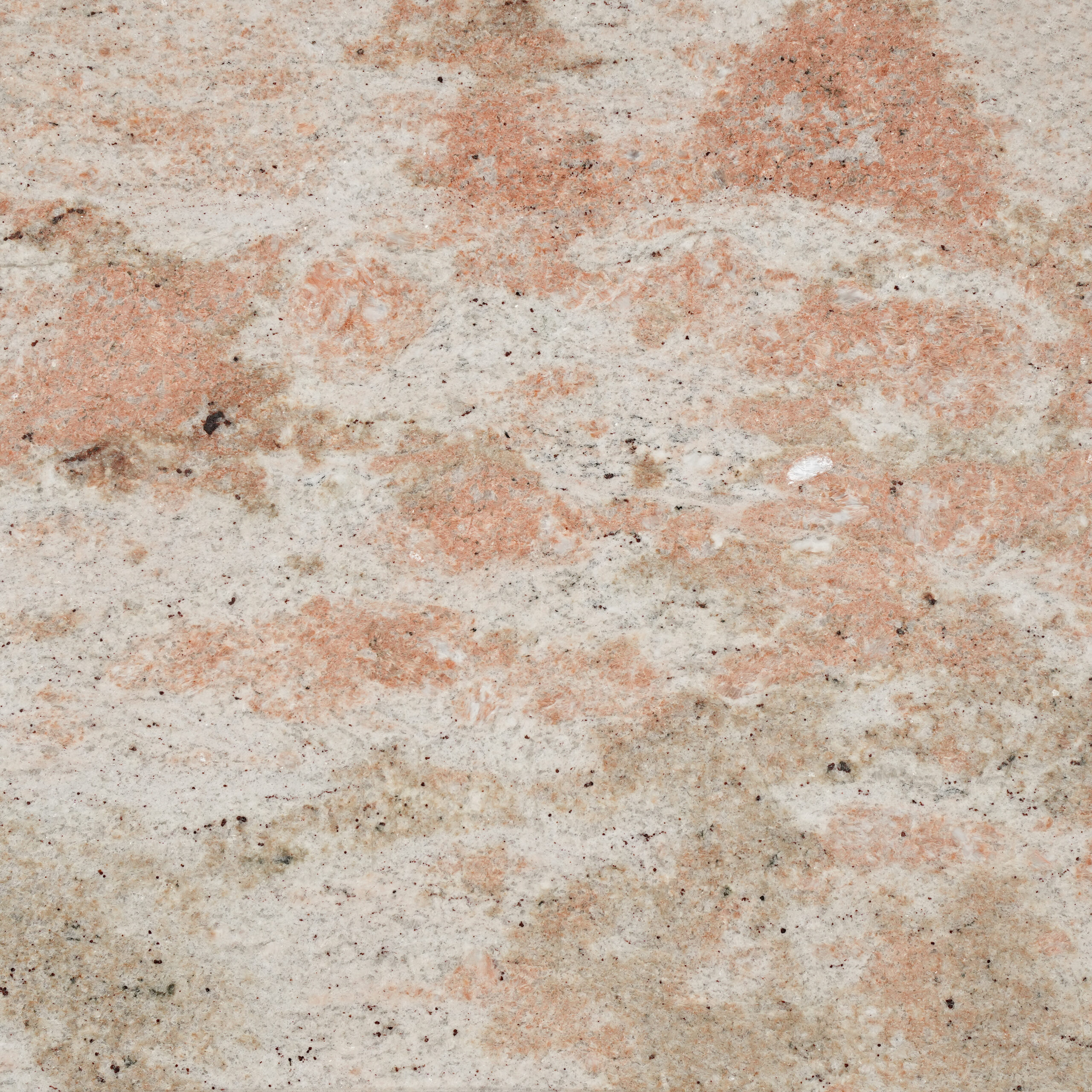 Bahama Pink granite nền kem trắng loang hồng cam đào, chấm nâu đỏ tinh tế. Phù hợp mặt bếp, bàn đảo, lavabo, lát sàn. Đặt mẫu tại Vistones Global.