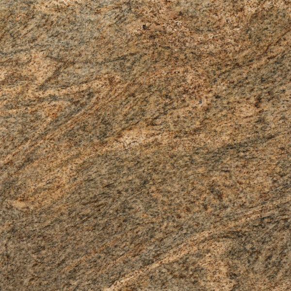 Canyon Gold granite nâu vàng ấm xen cam be, vân chéo phóng khoáng như vách hẻm núi. Hợp mặt bếp, bàn đảo, ốp tường, cầu thang. Vistones Global.