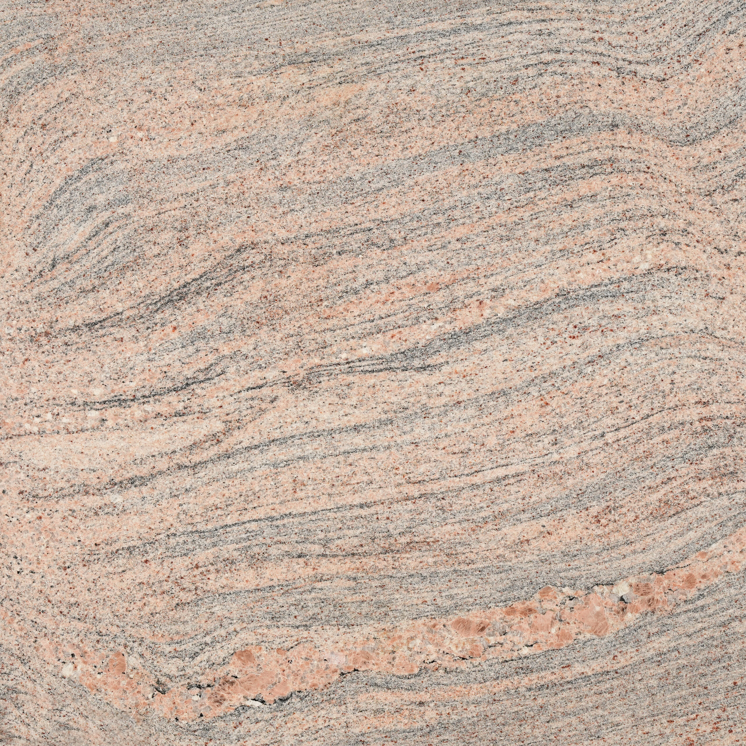 Columbo Juparana granite vân sóng hồng đào và xám bạc, mảng hồng cam rực rỡ độc đáo. Ứng dụng mặt bếp, ốp tường, sảnh. Vistones Global.