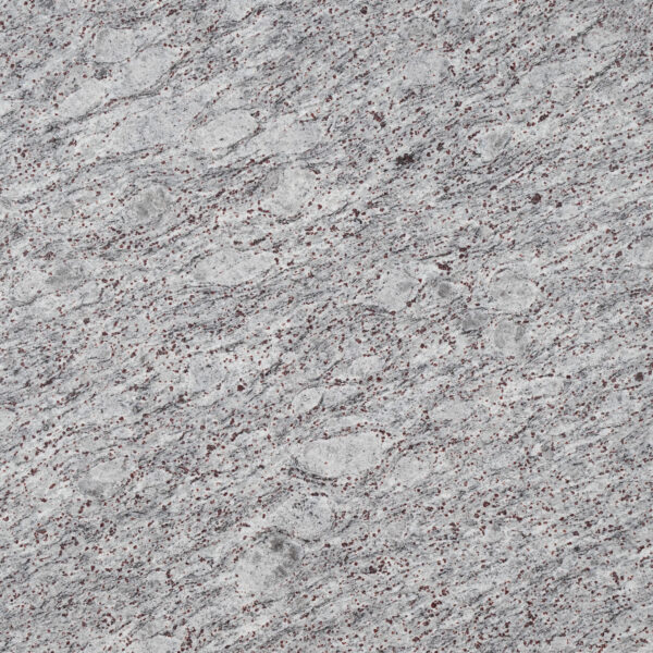 Lavender Blue granite nền trắng bạc, hạt garnet đỏ tía rải chéo, mảng oval xám nhẹ. Tinh tế cho mặt bếp, lavabo, ốp tường. Vistones Global.