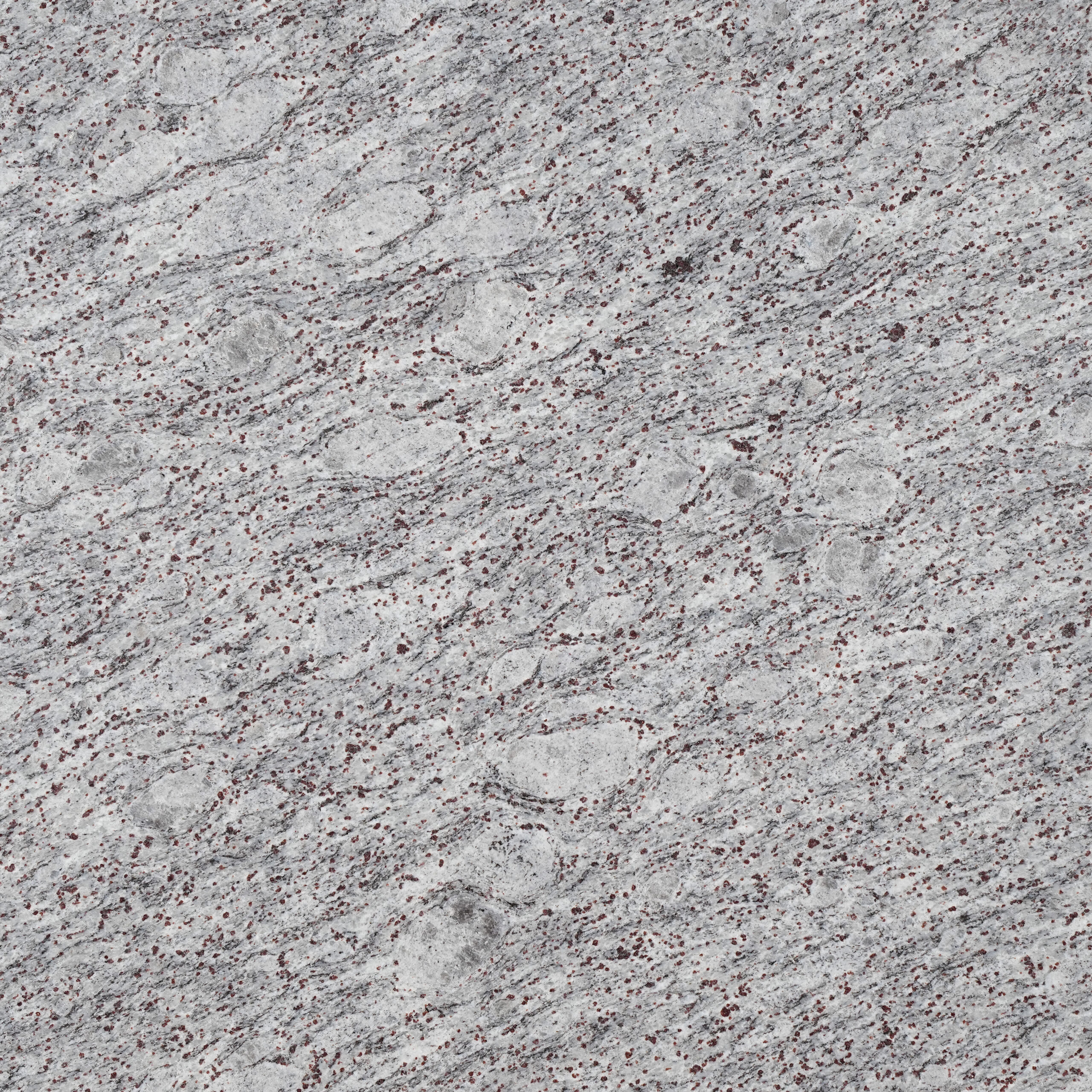 Lavender Blue granite nền trắng bạc, hạt garnet đỏ tía rải chéo, mảng oval xám nhẹ. Tinh tế cho mặt bếp, lavabo, ốp tường. Vistones Global.