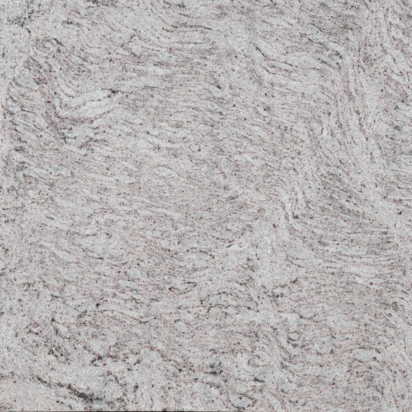 Marina Blue granite xám bạc sáng, vân uốn mềm như sóng, chấm đỏ tía li ti. Trong trẻo cho bếp, phòng tắm, lát sàn. Liên hệ Vistones Global.