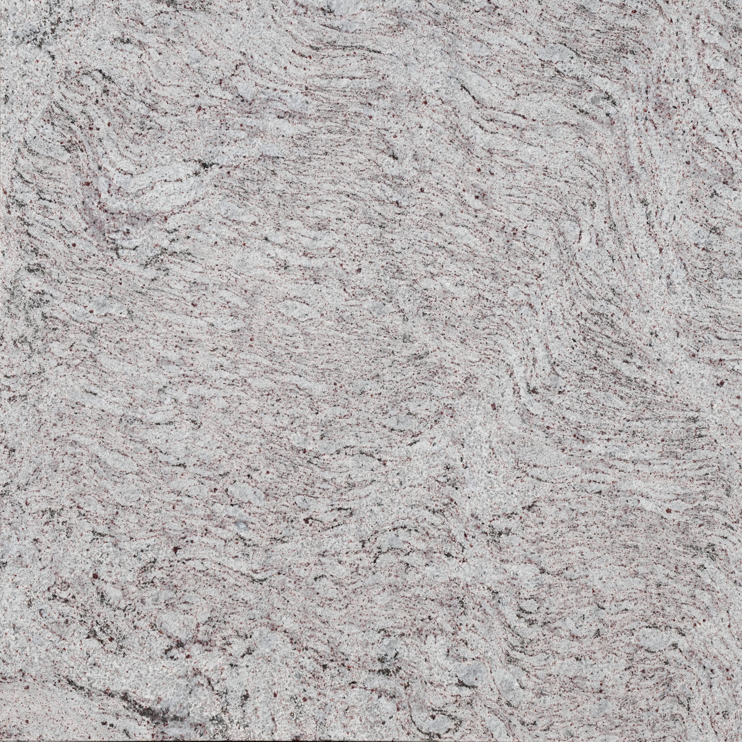 Marina Blue granite xám bạc sáng, vân uốn mềm như sóng, chấm đỏ tía li ti. Trong trẻo cho bếp, phòng tắm, lát sàn. Liên hệ Vistones Global.