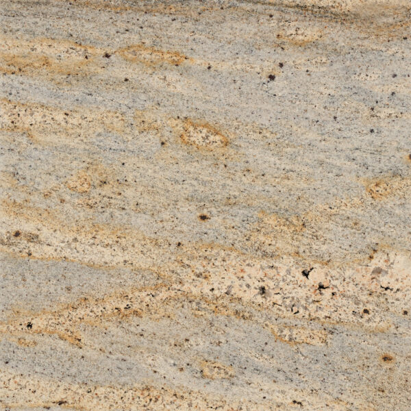 Millenium Gold granite dải vàng mật ong, cam nhạt kết tinh trên nền xám dịu. Ấm áp điềm đạm cho mặt bếp, bàn đảo, ốp tường. Vistones Global.