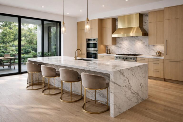 Đá Marble làm mặt bàn bếp có đẹp và bền không? Tìm hiểu ưu nhược điểm, nguy cơ ăn mòn do axit, bề mặt nên chọn và cách bảo dưỡng từ Vistones Global.